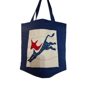 Vintage Christmas Deer Quilt Block Pattern Blue Christmas Handmade Quilted Tote